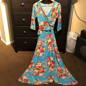 Pink Blush Turquoise Floral Maxi Dress